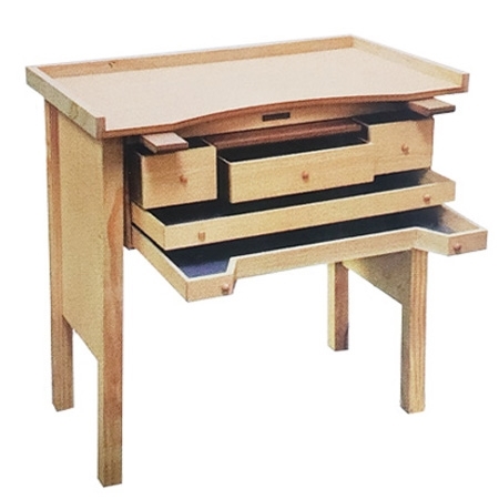 3 drawer jeweler's craft workbench made from solid wood with pull-out shelf, armrests and hardwood bench pin.